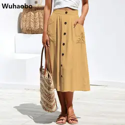 Wuhaobo Летняя женская юбка Женская Повседневная свободная кнопка в форме снежинки карман повседневные миди юбки Женская высокая талия