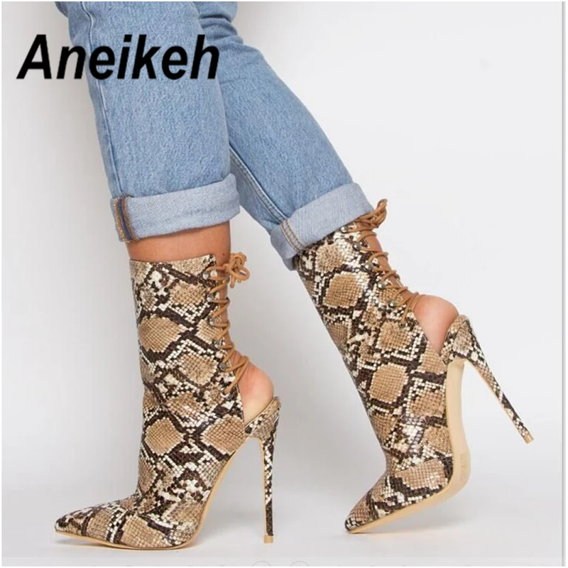 

Aneikeh Fashion Women Serpentine Ankle Boots Summer Pointed end Lace Up Crossed Tied Short Booties High Heel Shoes Size 41 42