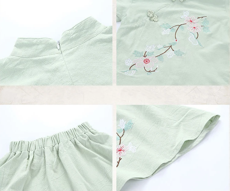 Lovely Girls Cheong-sam 2PC Chinese Traditional Style Han Fu Baby Retro Dress Children Summer Casual Cotton Linen Dresses