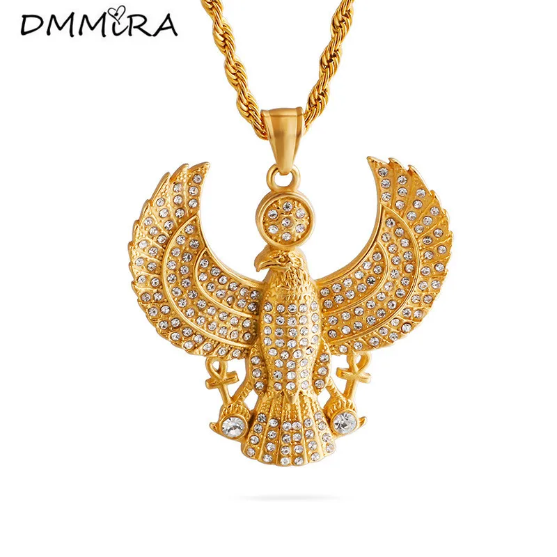 

Fashion Punk Male Eagle Necklace Silver Gold Titanium Steel Big Horus Eagle Crystal Animal Pendant Necklace Jewelry For Cool Men