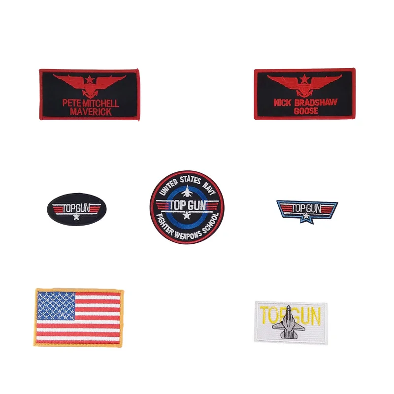 

Top Gun TOPGUN Embroidered Patches PETE MITCHELL MAVERICK NAME TAG US NAVY PATCH TOP GUN USA American Flag Wings Maverick