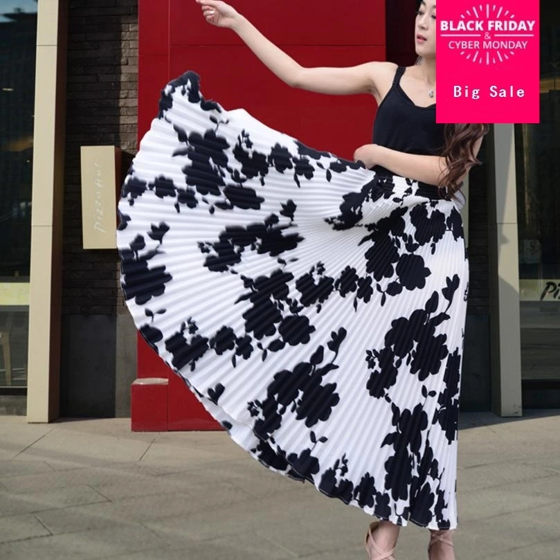 Летняя мода белый цвет цветочный принт большая качели плиссированная шифоновая юбка Женская высокая талия богемная пляжная повседневная юбка L967