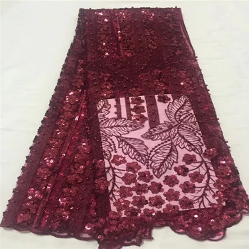 

VILLIEA Wine African Lace Fabric High Quality Lace, Sequins African Nigerian Wedding Dress, 3D Applique Nigerian Lace Fabric