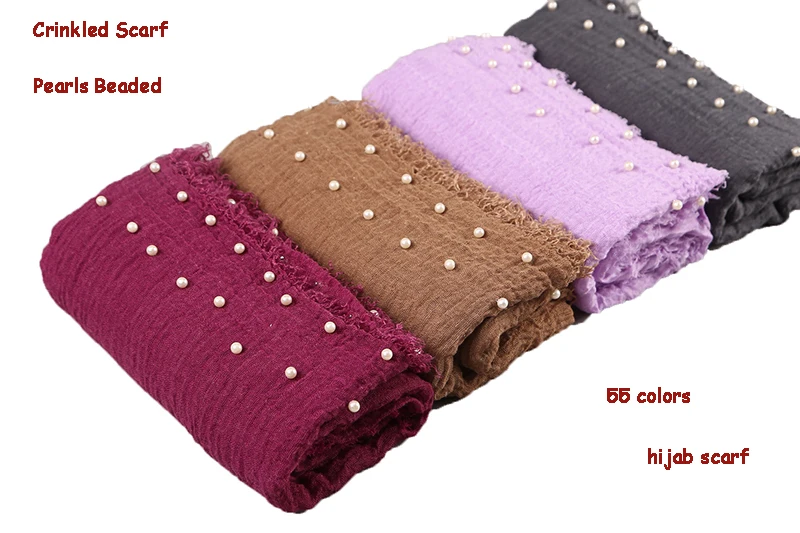Дизайн хлопковый шарф бисер пузырь жемчуг морщин шали Хиджаб драпировка сшивание бахрома мнущиеся мусульманские шарфы/шарф 55 цветов