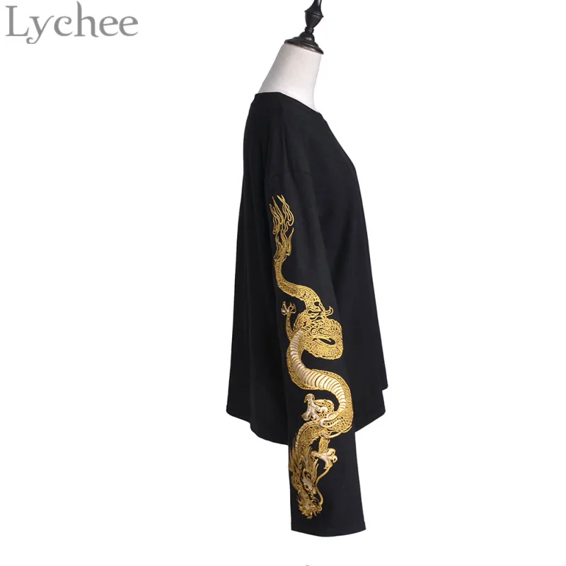  Lychee Harajuku Punk Gothic Women Sweatshirt Dragon Embroidery Casaual Loose Long Sleeve Pullover T