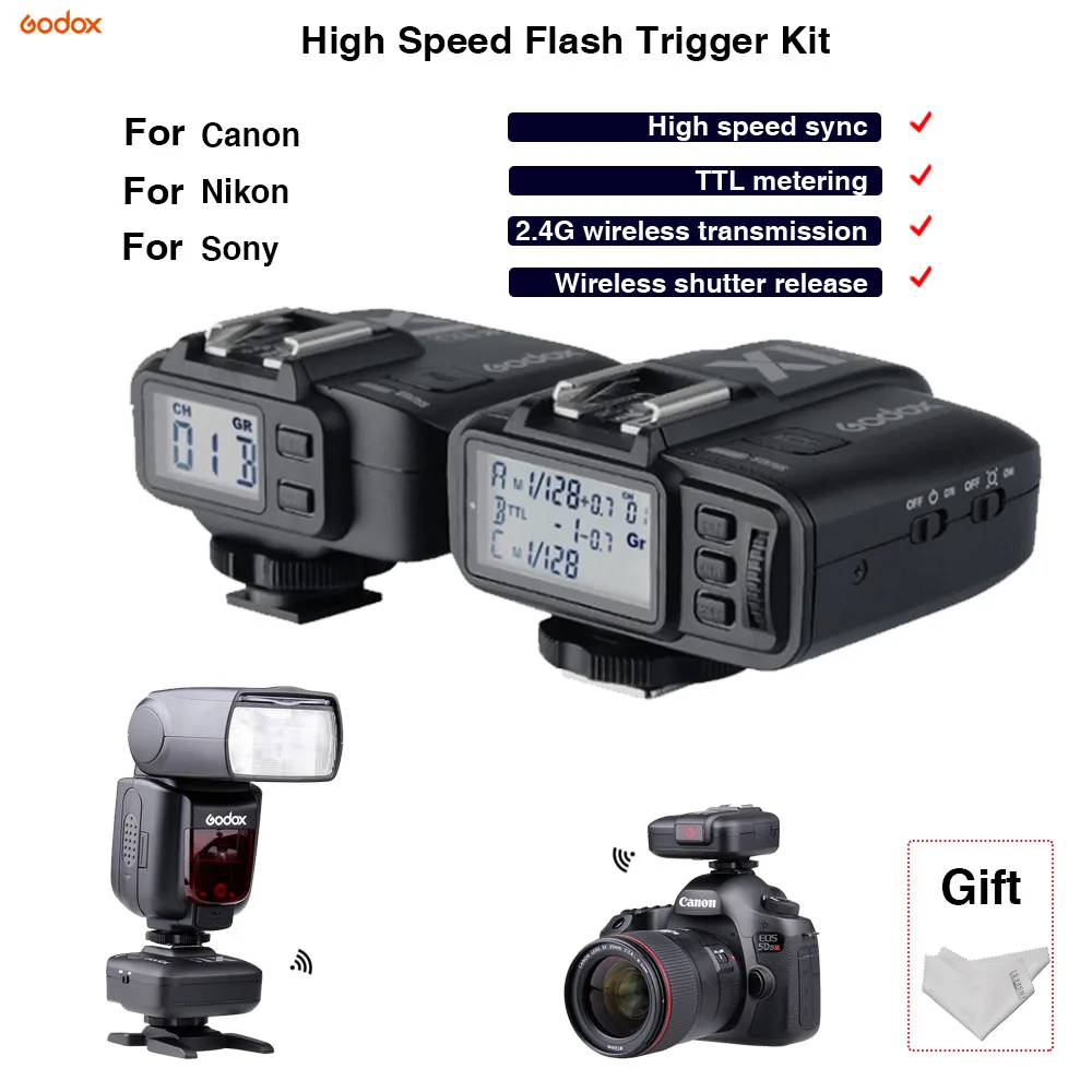 

TTL Flash Trigger synchroniser Kit Godox X1C/N/S 2.4G Wireless shutter remote control Hot shoe tripod For Canon Nikon Sony