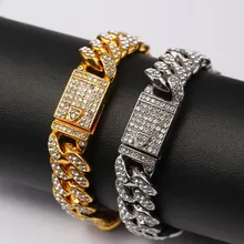 12 мм 21 см в стиле «хип-хоп» Для мужчин с украшением в виде кристаллов кубинский браслет цвета: золотистый, серебристый цвет Bling B019