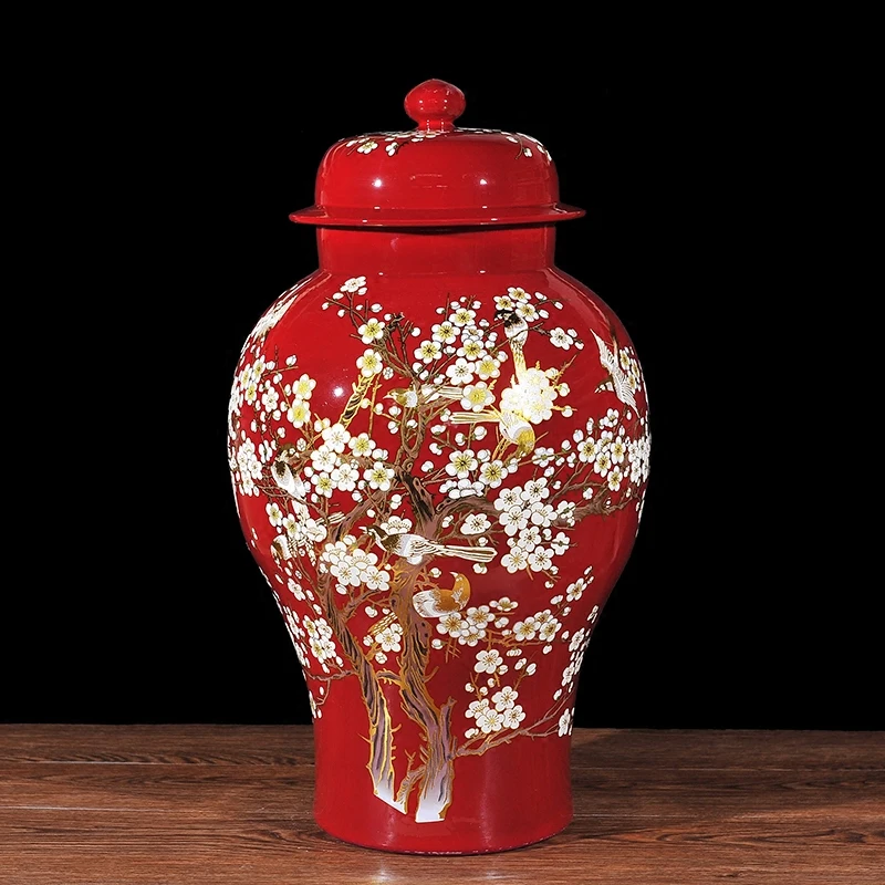 

Chinese temple jar bird and flower ceramic jar lid plum blossom painting ginger jar vase to Hotel and home decoration red color