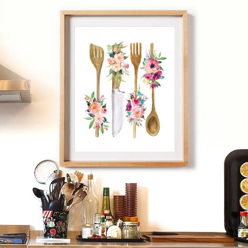 Floral Kitchen Utensil Wall Art Print