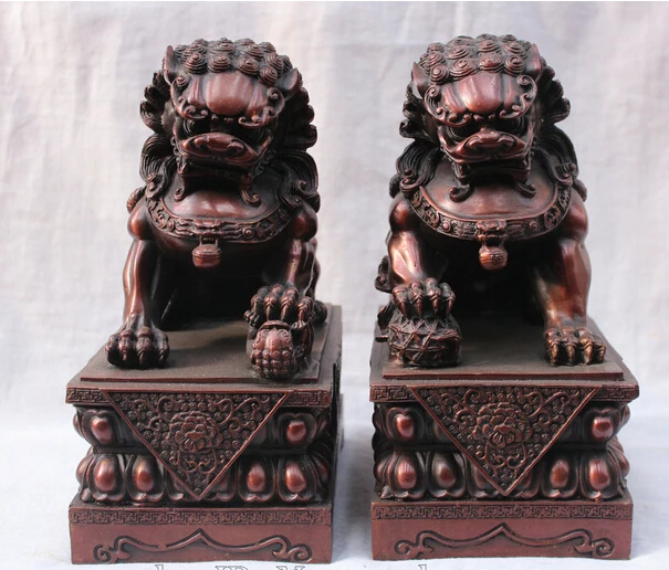 

shitou 002912 11" Chinese fengshui Pure Bronze Foo Fu Dog Guardion Lion statue sculpture Pair