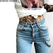 MIND FEET женские джинсы осень уличная прямые джинсовые брюки женские Индивидуальные отверстия Висячие декоративные цепи брюки