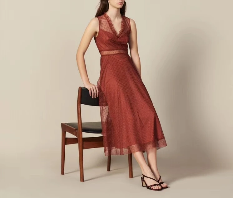 

2019 Red Beige Sexy Elegant Fashion Summer Women Dress New Evening PartySleeveless Hollow Out Lace Mid-Calf Empire Free Shipping