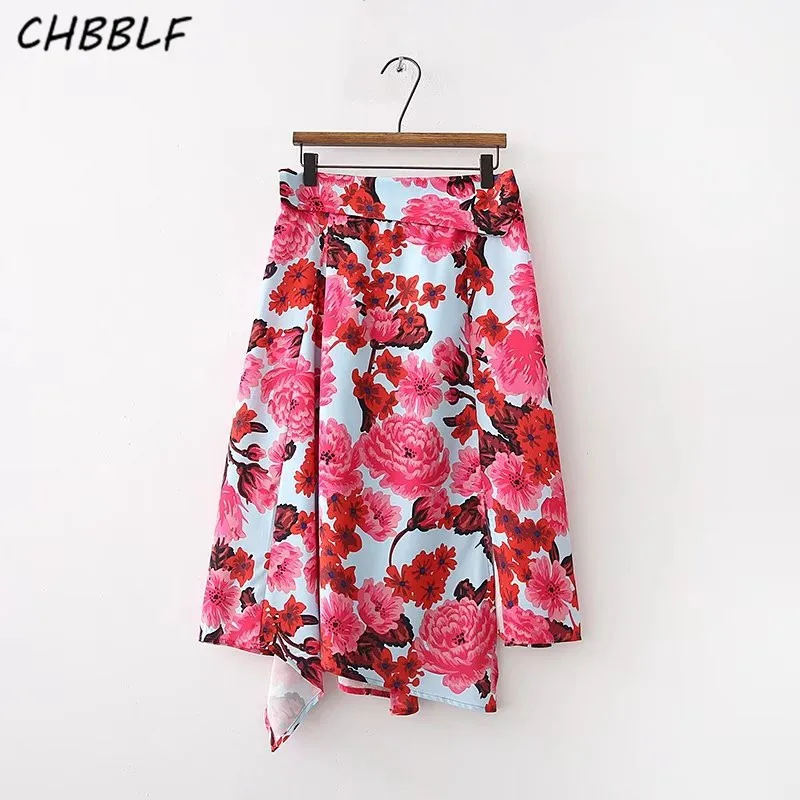 

CHBBLF women elegant floral midi skirt faldas mujer split retro female casual Asymmetrical skirts POP1126