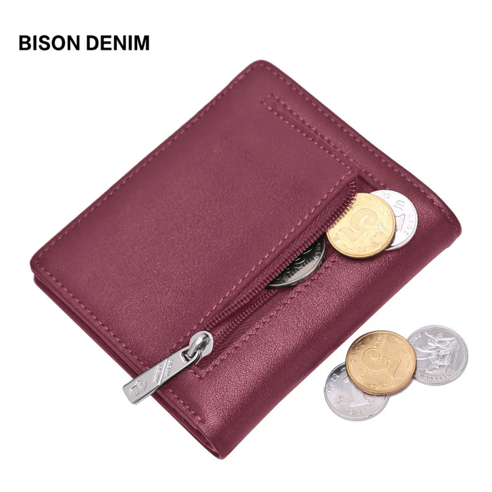

BISON DENIM Luxury Brand Women Wallets Genuine Leather short Wallets RFID Blocking Credit Card Wallet Zipper Coin Purse W9317