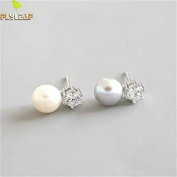 

Flyleaf 925 Sterling Silver Stud Earrings For Women Natural Freshwater Pearls Simple Wedding Earings Fashion Jewelry Party Gift