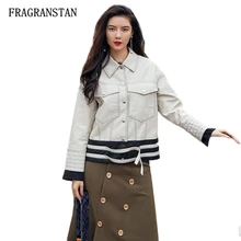 Осень Зима Новые Карманы полосатые короткие пальто из ПУ Famela модные повседневные свободные винтажные однобортные куртки высокого качества JQ349