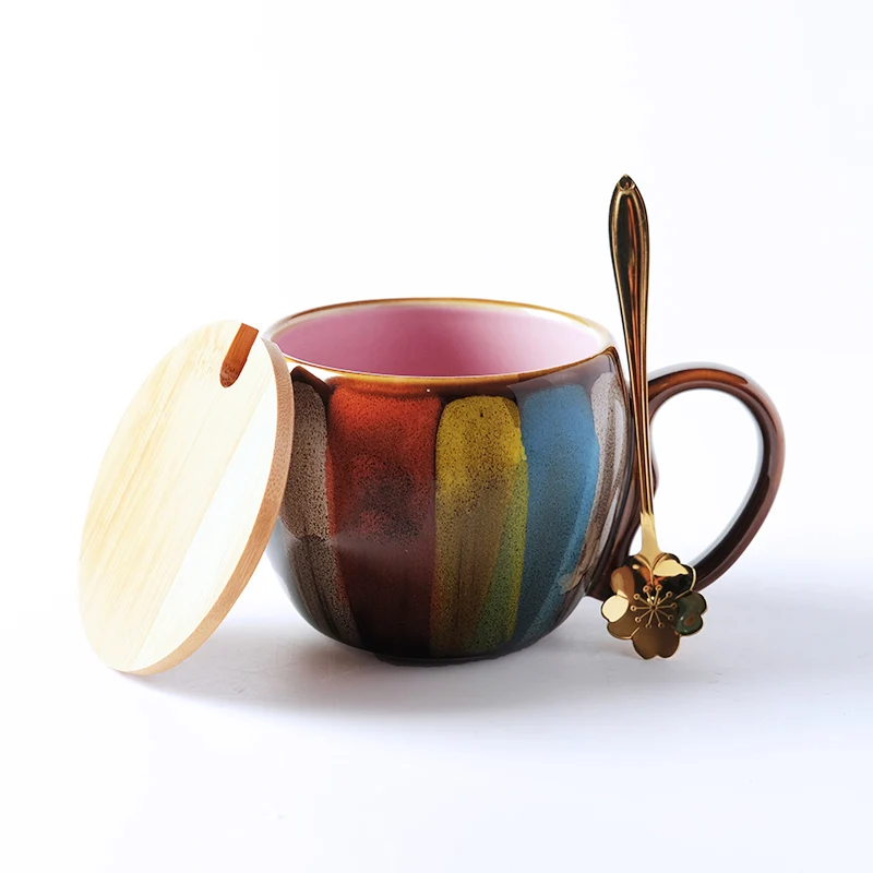 Винтажная керамическая кружка кофейная чашка с крышкой с ложка для молока чашка для завтрака крышка tazas para кафе одноразовые пластиковые стаканы - Цвет: A7