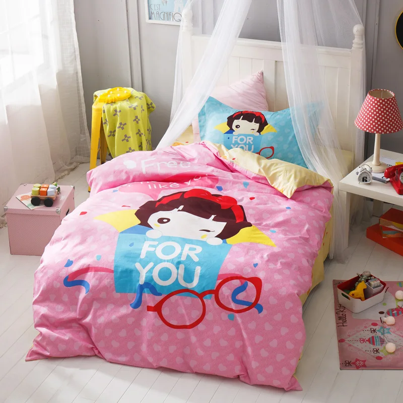 

Cartoon style 3pcs Twin Size bedding set cotton fabric Cute little girl print duvet cover flat sheet pillowcase