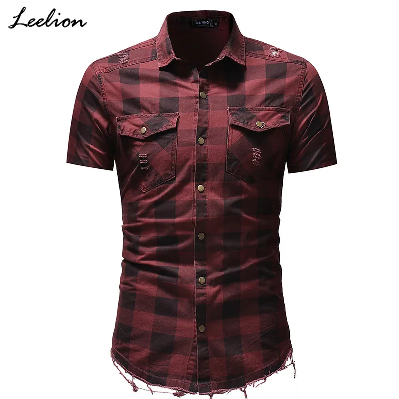 Achat IceLion 2019 Nouveau Mode Casual Plaid Classique Chemise Hommes Poilu Ourlet Demin Chemises Homme Chemises de Manches Courtes Hommes Camisa masculina