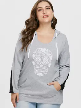 

Wipalo Plus Size 5XL Light Gray Skull Print Long Drawstring Hoodie Casual Women Autumn Kangaroo Pocket Hooded Hoodie Sweatshirts