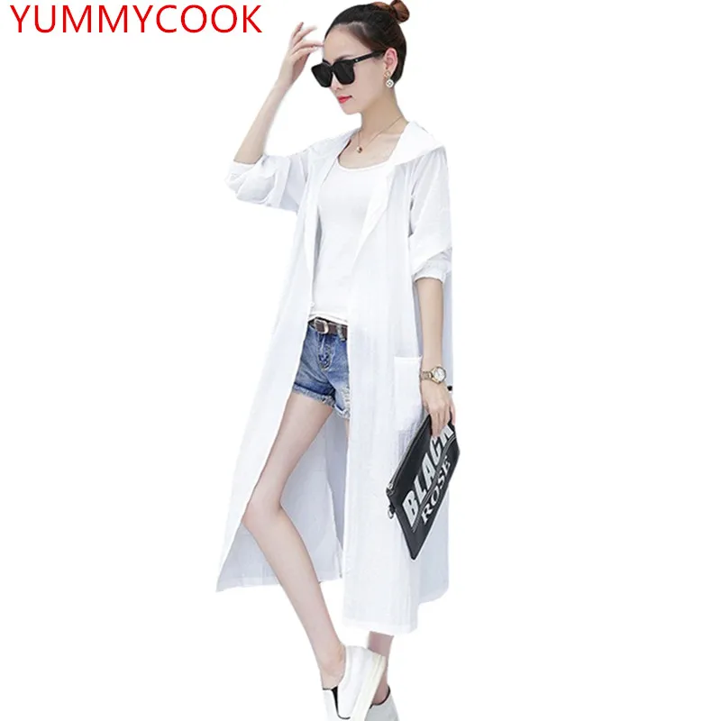 

YUMMYCOOK 2019 summer Thin section hooded embroidery sunscreen cardigan coat female fashion medium long windbreaker coat AB112