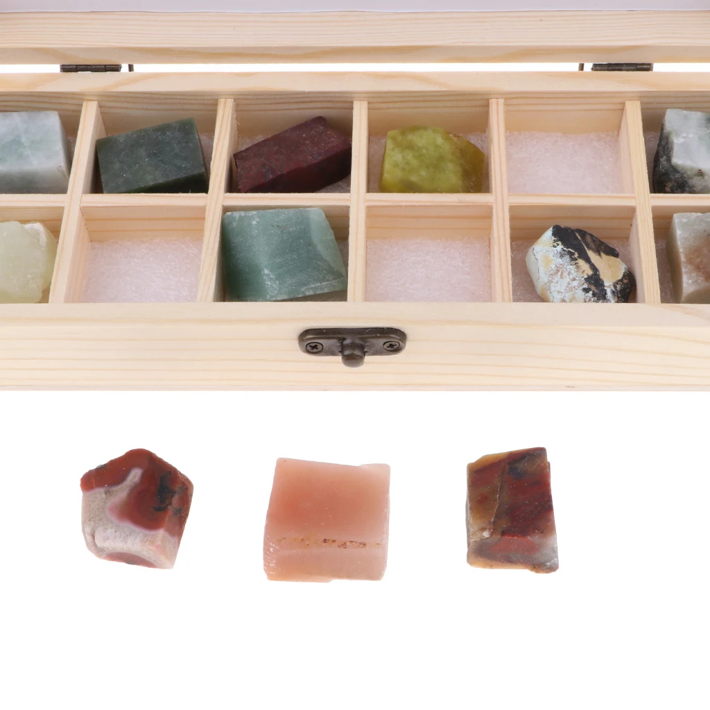12pcs/ Box Educational Geology Science Kit - Rock and Mineral Collection Gemstones Jadeite Jade Specimens in Display Wooden Case