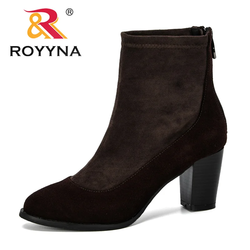

ROYYNA 2019 Spring Autumn New Fashion Women Boots High Heels Flock Short Booties Black Ladies Shoes Outdoor Comfortable Trendy