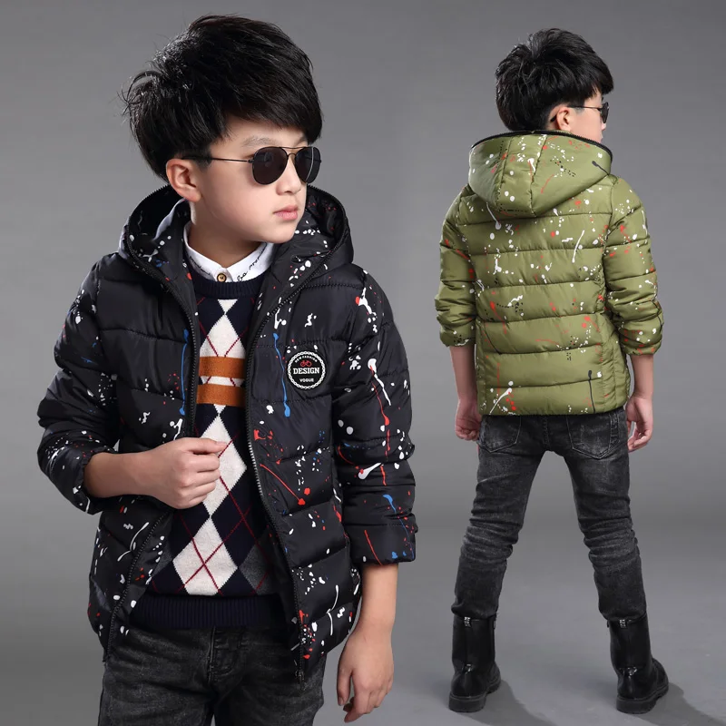 ФОТО Hign Standard 2016 Winter Clothing Warm Personality Splash-ink Design Army Green Clothes Boys Cotton Coat Factory Direct Sale
