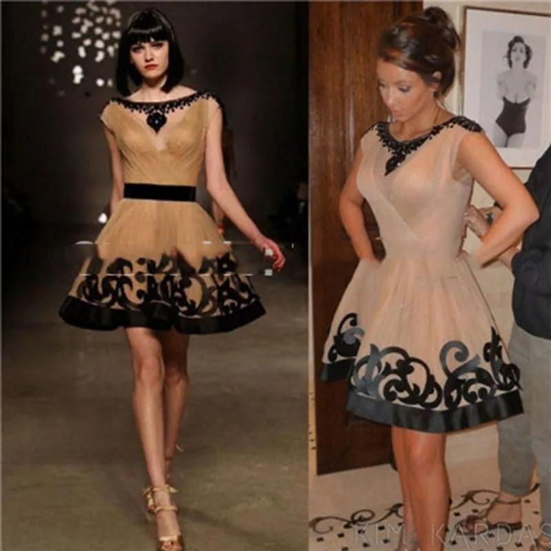 

Gossip Girl Kim Kardashian Red Carpet Cap Sleeves Nude And Black Mini Short Length Tulle Celebrity Dresses Gowns Vestidos