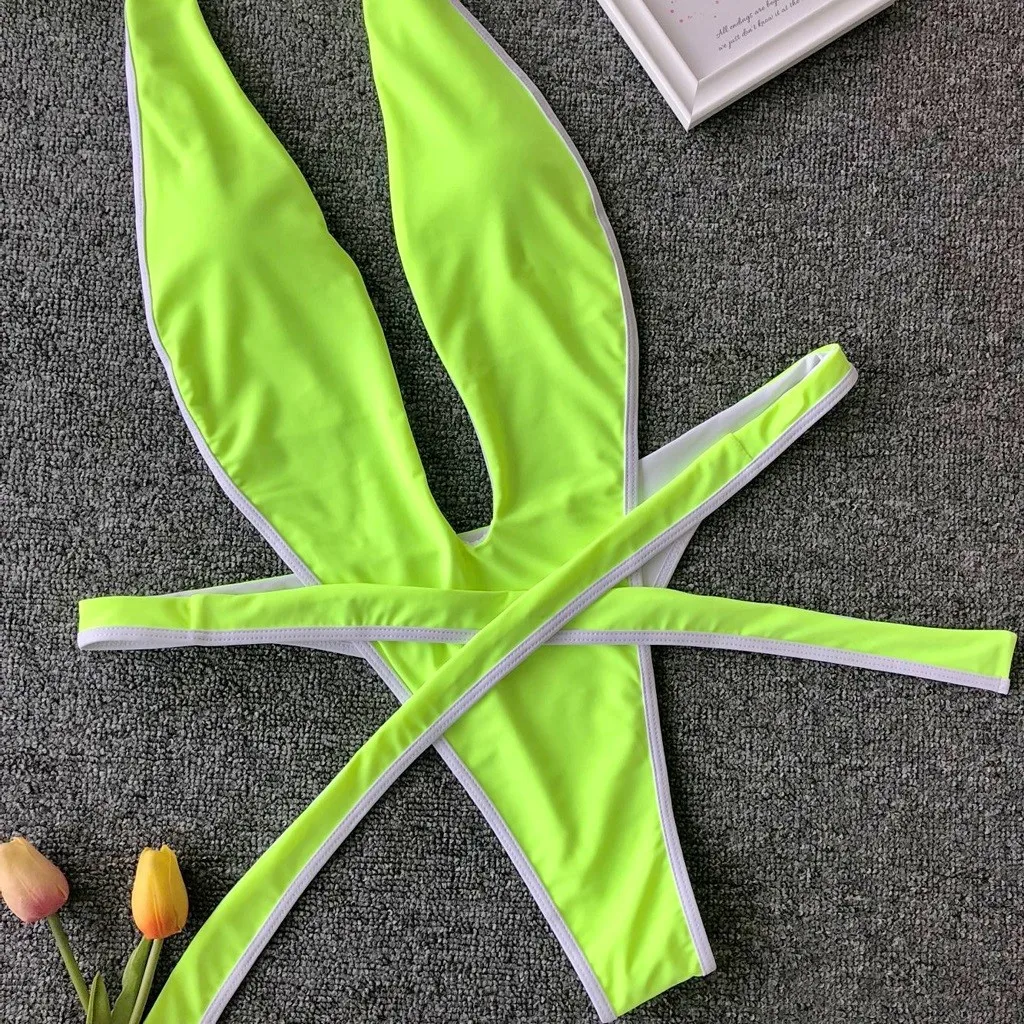 Бандажные стринги купальники сексуальный купальный костюм женский Монокини стринги неоновый зеленый бикини пуш-ап женский купальник цельный купальник