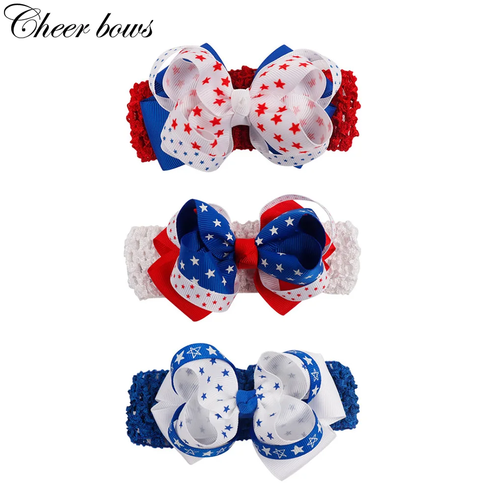 

Cheer Bow 4th of july Hairbow Crochet Elastic Headband Independence Day Girls Hairband Red Blue White Hair Band Kids Hairbands