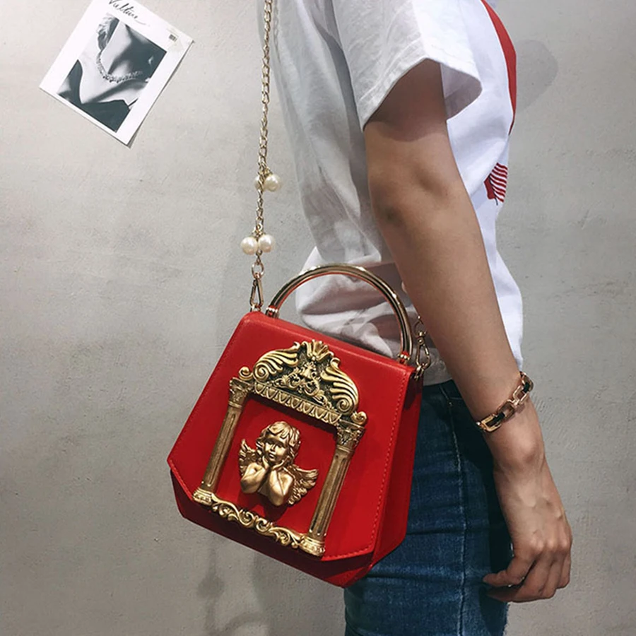 تصميم حقائب جلدية الرجعية الباروك الملاك تنقش المرأة حقيبة يد محفظة اللؤلؤ سلاسل رسول حقيبة كتف السيدات بو Crossbody حقيبة