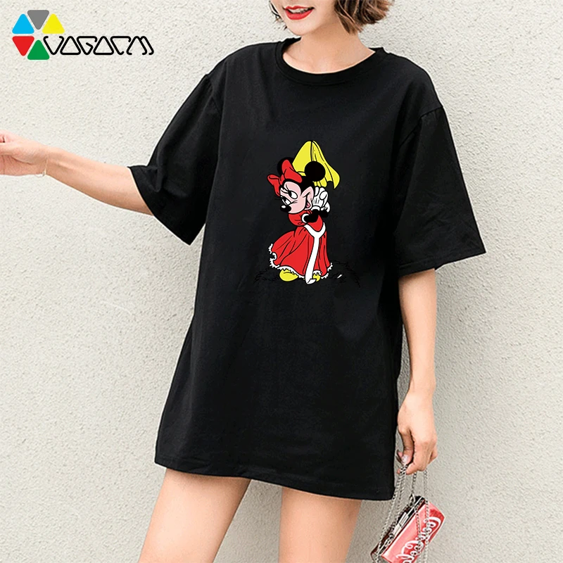 

Women Summer Plus Size T-shirts Minnie Mickey Mouse Cartoon Short Sleeve Harajuku Loose Cute White Club Medium Long Tees