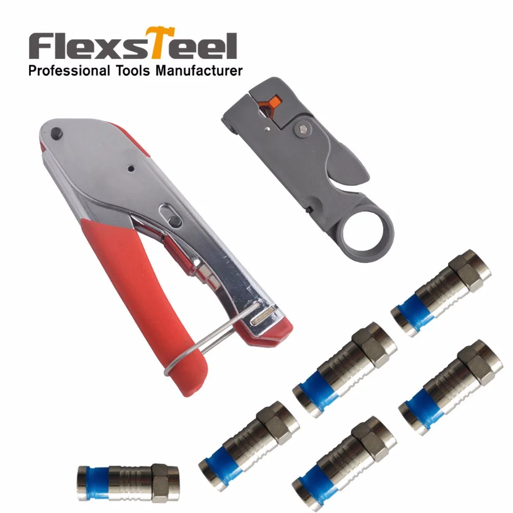 

Flexsteel 1PC Compression Tool/Plier 1PC  Ratary Cable Stripper Suitable For RG58/59/6/62  With 6PCS Compression Connectors