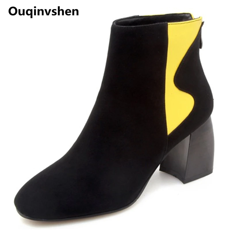 

Ouqinvshen Fashion Yellow Womans Boots Plus Size 34-43 Mixed Colors Round Toe Casual Concise Women Heels Cow Suede Winter Boots