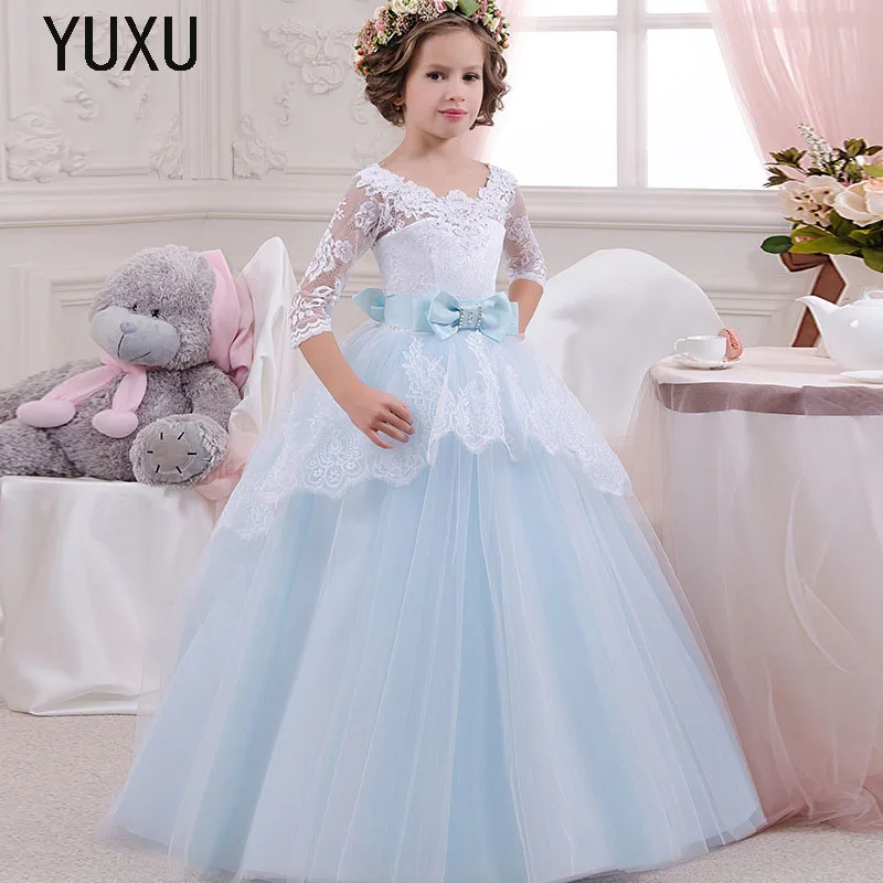 

Lace appliques Wedding Dress First Communion Gown for Girls Flower Handmae Beading Party kids Princess Birthday Christmas Dress