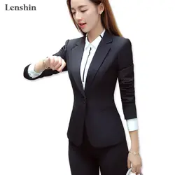 Lenshin комплект из 2 предметов одной кнопки строгие брюки костюм для женщин повседневная обувь офисные женская форма стиль бизнес куртка с