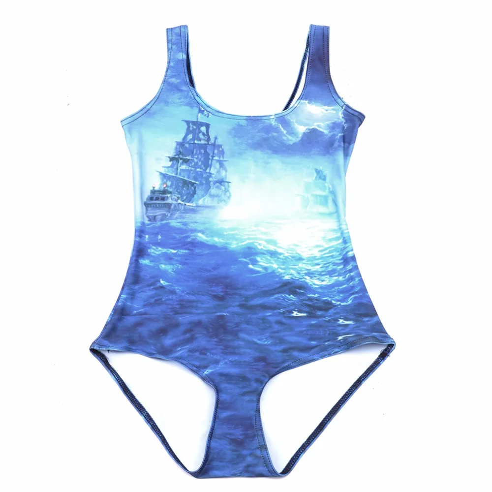 2016 Women Sexy SWIMSUIT Digital Sea Boats Painting Print Slim Bodysuit