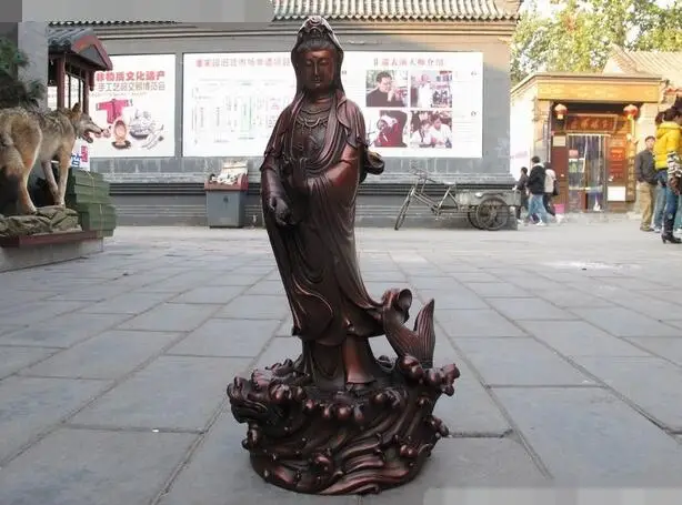 

25"Chinese Pure Red Bronze Kwan-Yin Bodhisattva on Dragon Fish statuary