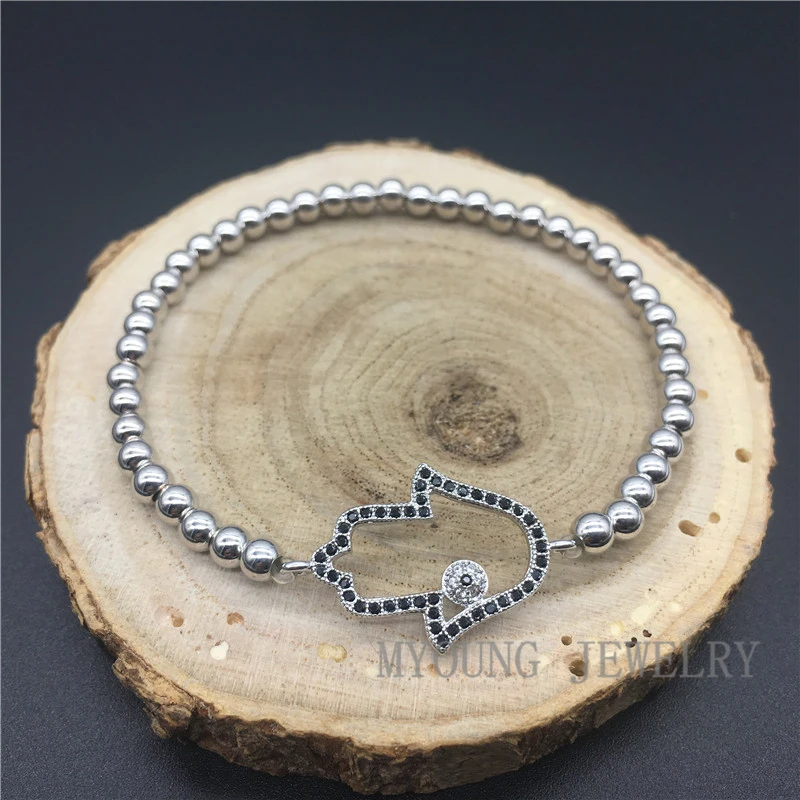 MY1205  Micro Pave CZ Zircon hollow out Hamsa Fatima Hand Connector With 4mm Advanced Plated Round Beads Bracelet (2)