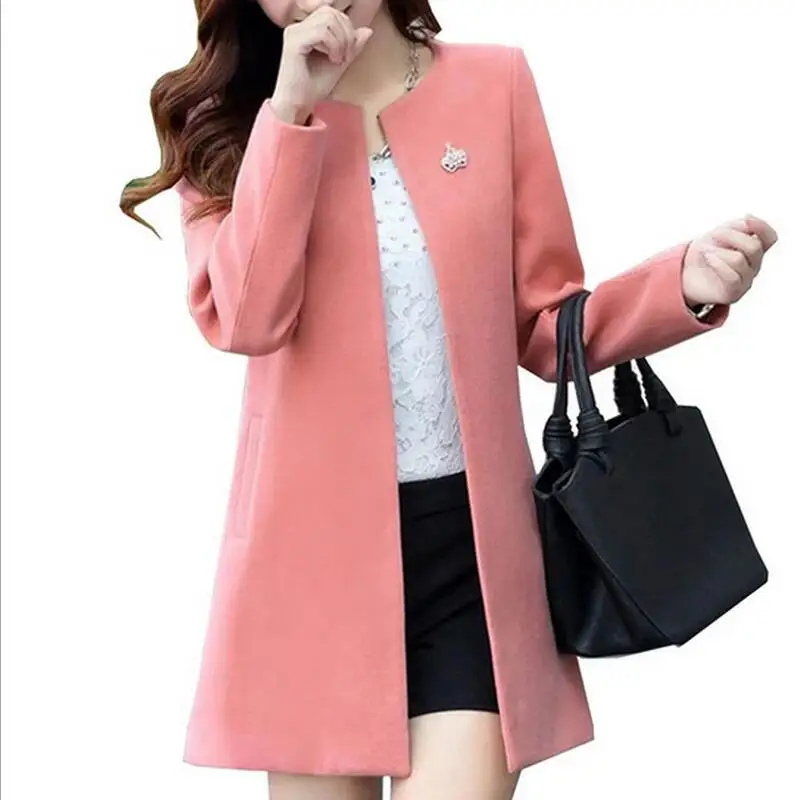 Fashion Round Neck Long Sleeve Women Coats S-XXL Solid Color Wool Blends Loose Cardigan Autumn Slim Thin Outerwear - Цвет: Pink