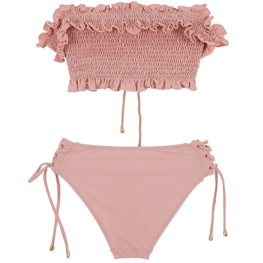 Сексуальное розовое бикини с рюшами, на шнуровке, с открытыми плечами, с высокой талией,, женская одежда для плавания, женский купальник, женский укороченный купальник