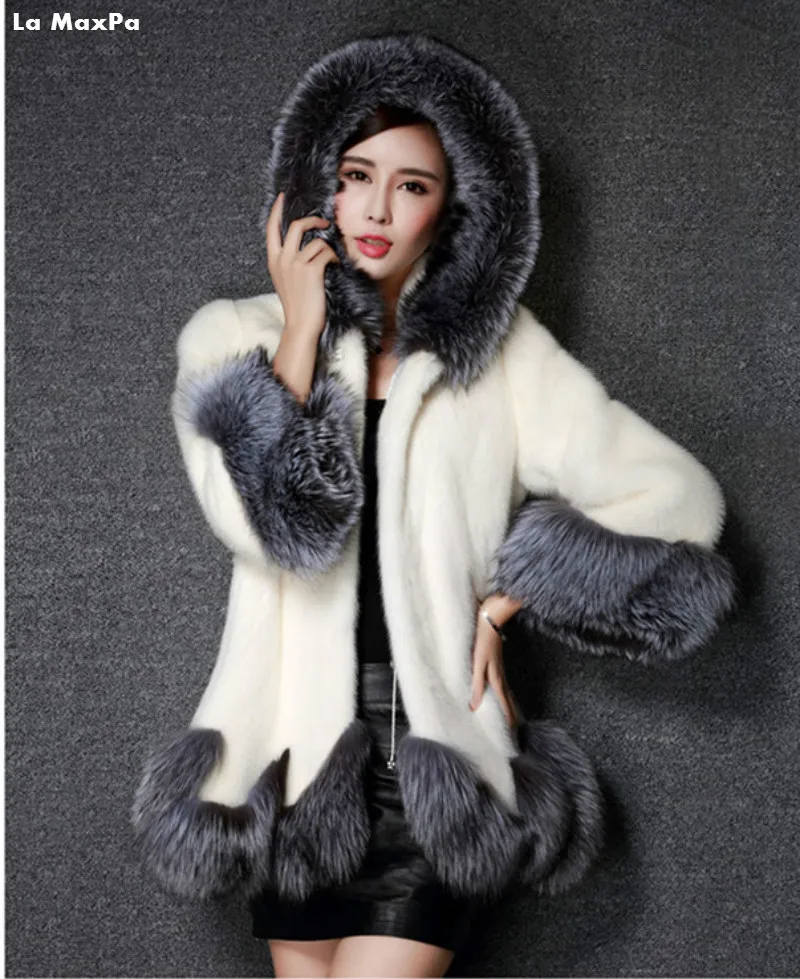 Super Large Code S 6XL High Imitation Fur Coat Women Silver Fox Fur Collar Hooded Mink Fur faux 