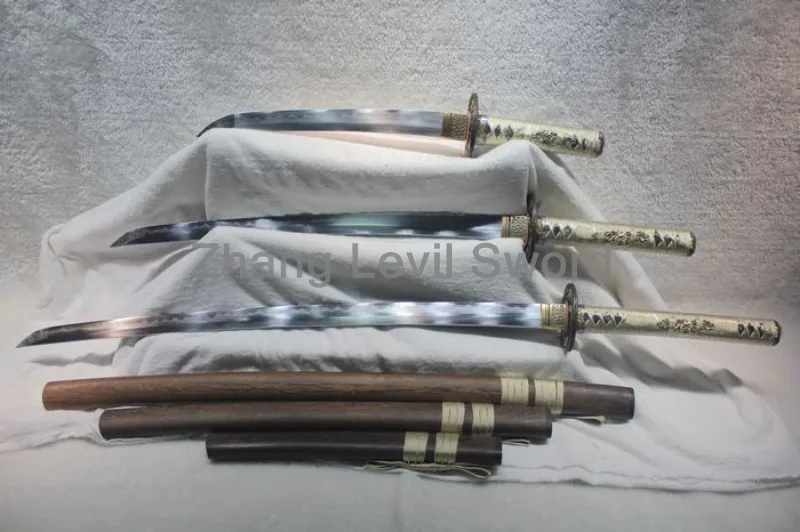 

HandForged Japanese Samurai 3 Swords Set (Katana + Wakizashi+ Tanto) fold steel Clay Tempered Hualee Wood Saya Sharp tiger tsuba