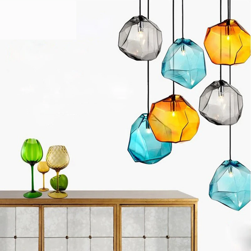 Modern Colorful Hanging Glass Pendant Light Yellow Grey Blue Glass Shade Iceberg Pendant Lamp Fancy Glass Home Lighting Decor For Restaurant   (2)
