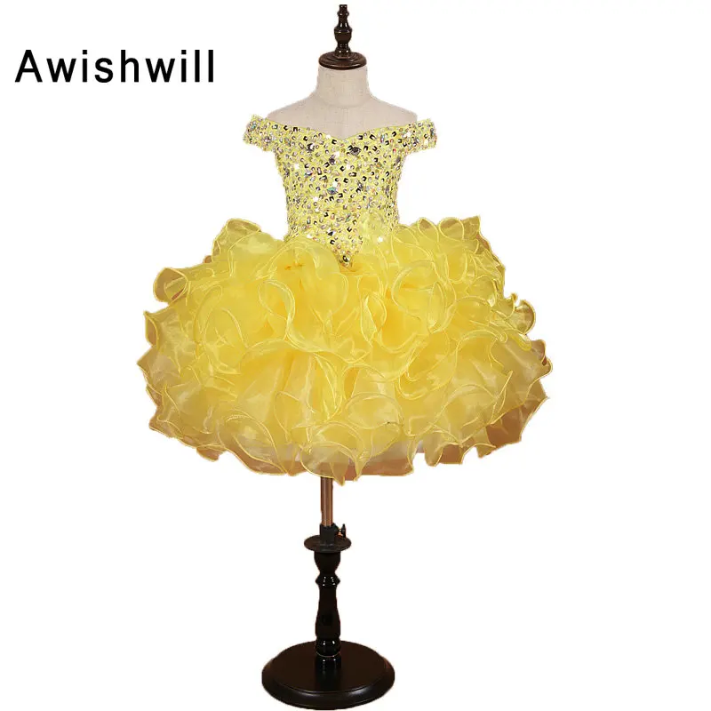 

2019 Girls Pageant Dresses Ball Gown Organza Off The Shoulder Knee-Length Ruffles Beaded Pretty Flower Girl Dresses Yellow