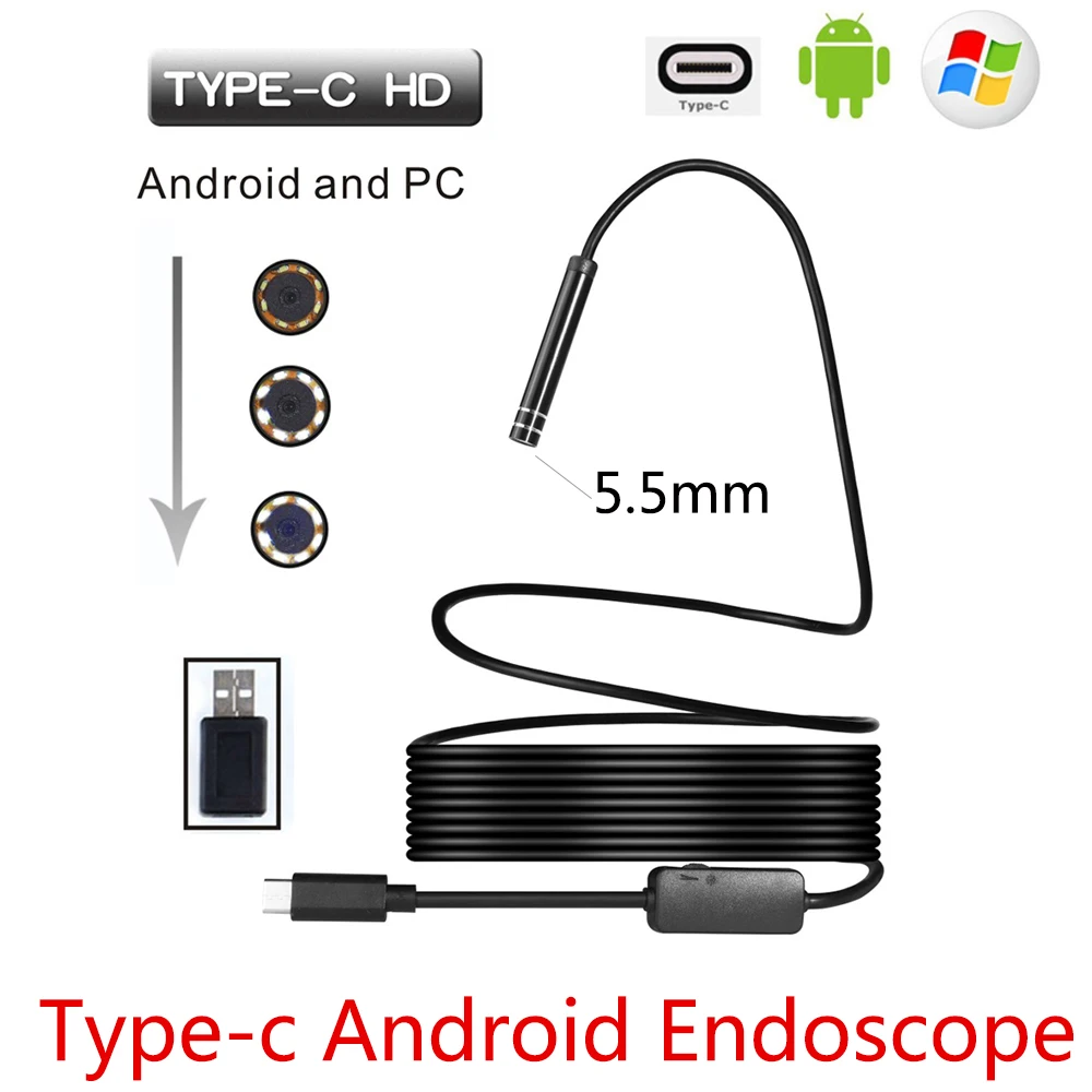 5,5 мм usb type-C Android эндоскоп камера Гибкая Змея usb type C жесткий провод 1 м 3 м 5 м 7 м 10 м кабель Инспекционная камера бороскоп