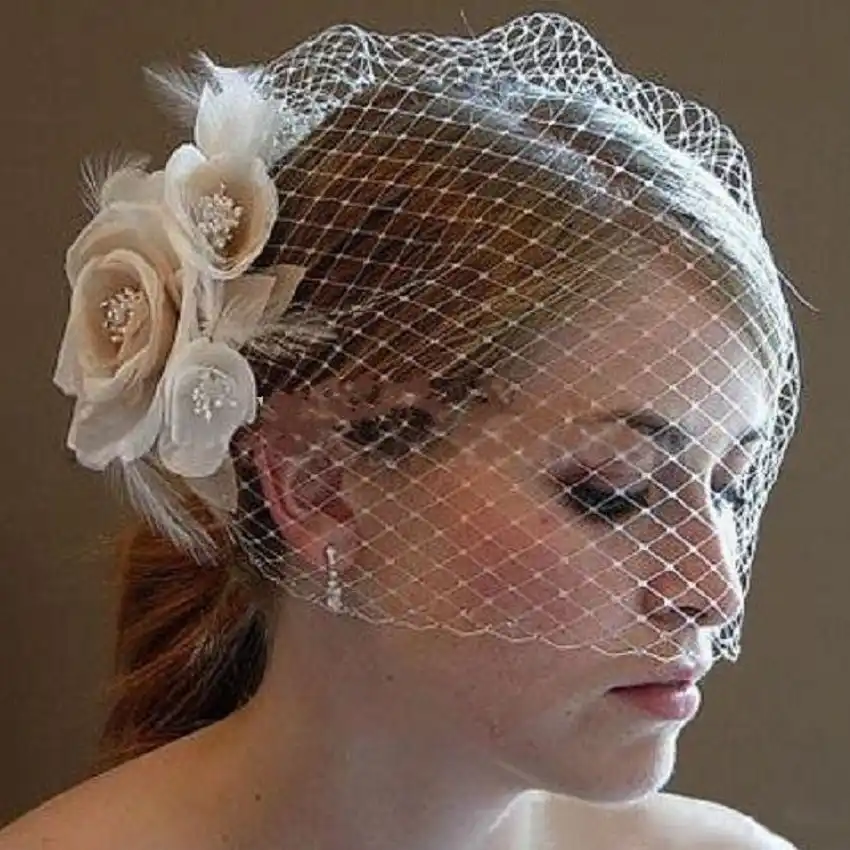 Hot 2019 Wedding Birdcage Veils Champagne Flowers Feather Hot 2019 Wedding Birdcage Veils
