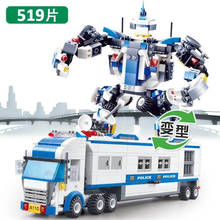 

519 Pieces of Mobile Police Station Command Car Deformation Robot Children's Puzzle Assembled Small Particles Bricks Children's