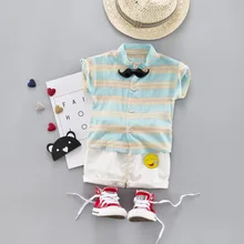 Полосатая рубашка для мальчиков; комплекты одежды; комплект одежды для малышей; коллекция года; летняя одежда с короткими рукавами; милый наряд; детская одежда для мальчиков